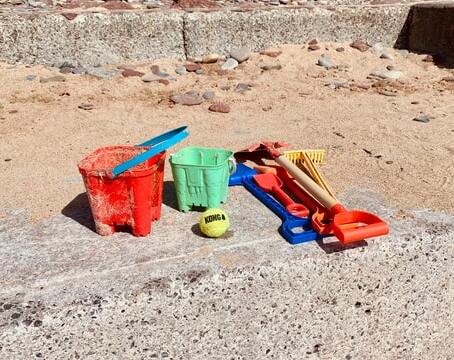 Beach in the UK with sand castles at Summer