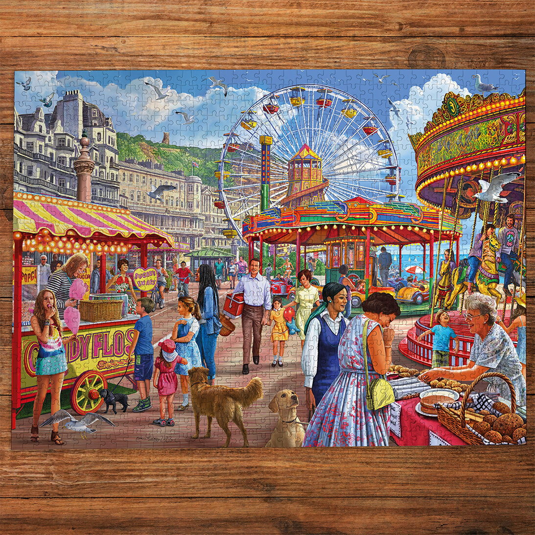 Gibsons Hastings Promenade 500 Extra Large piece jigsaw puzzle made up on wooden table