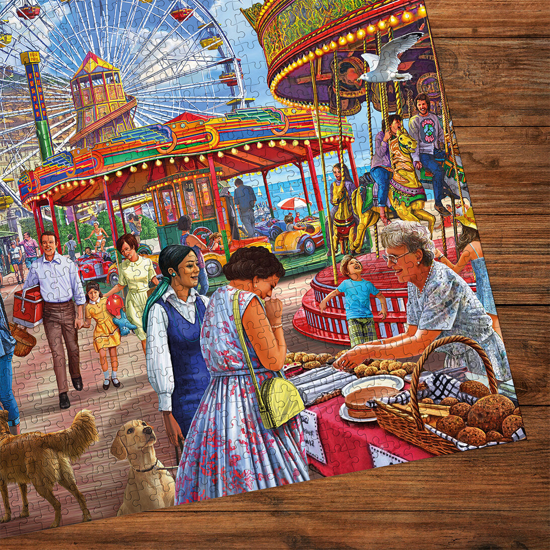 Gibsons Hastings Promenade 500 Extra Large piece jigsaw puzzle made up detail on wooden table