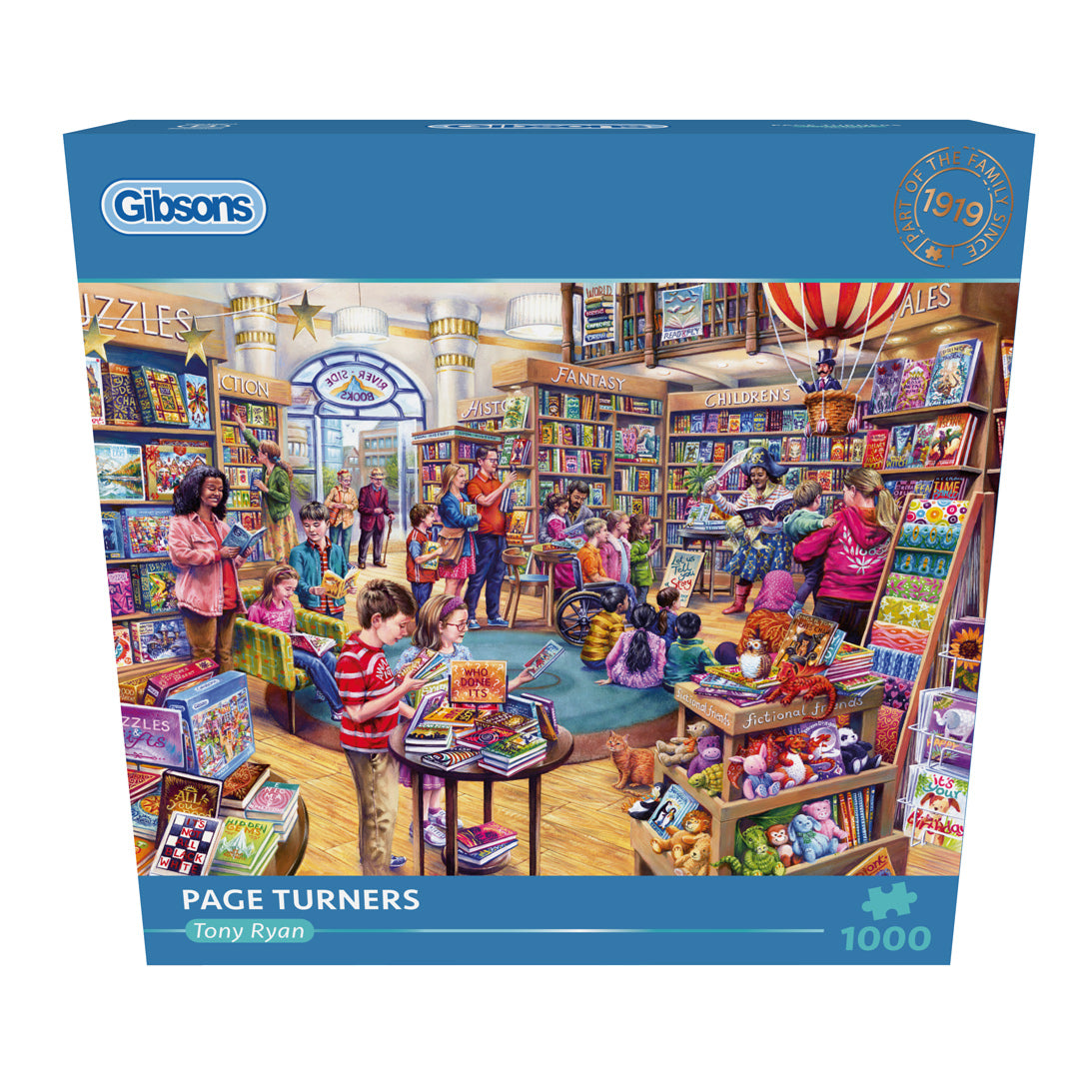 Gibsons puzzle box with a colorful illustration of a bookshop scene on a white background