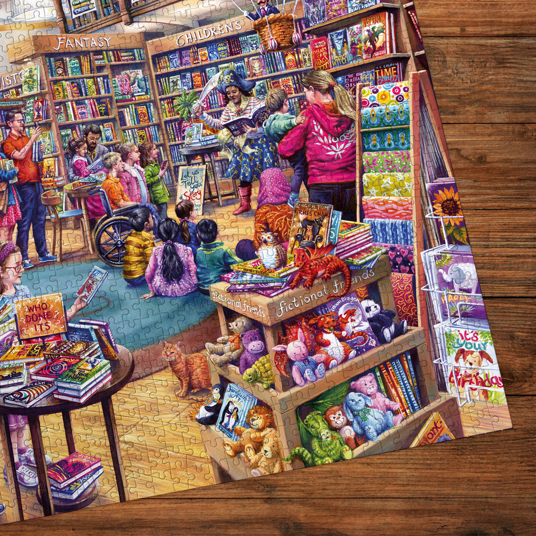 Illustration of a children's bookshop with books and toys on shelves.