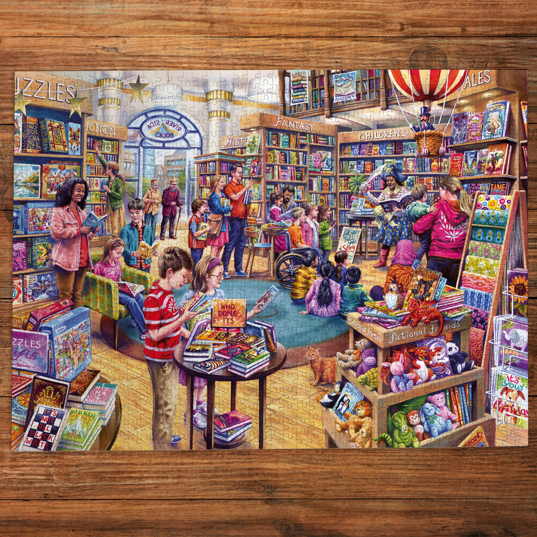 Illustration of a busy toy store with children and staff on a wooden surface