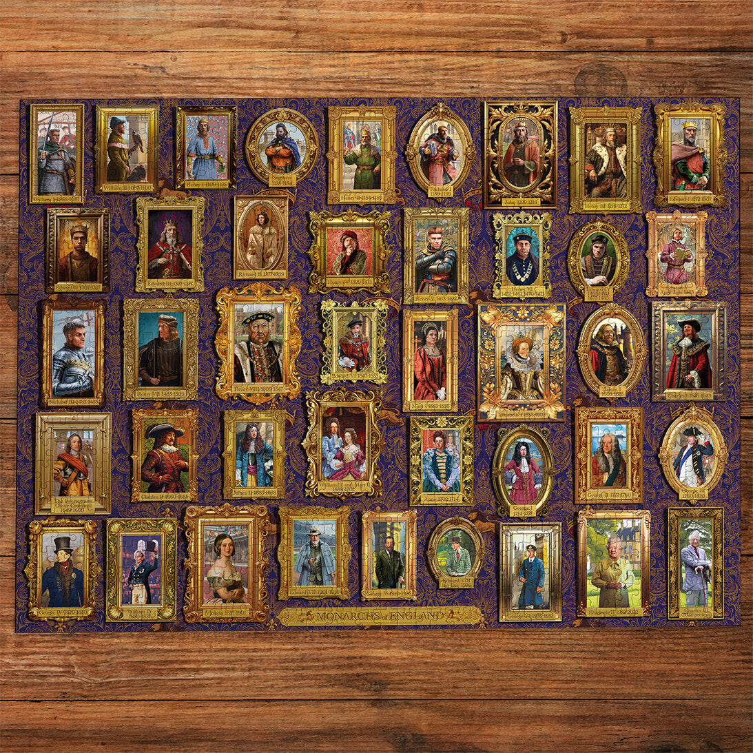 Monarchs of England 1000 Piece Jigsaw Puzzle by Gibsons made up on wooden table
