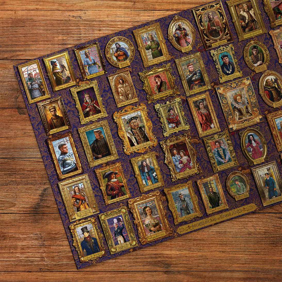 Monarchs of England 1000 Piece Jigsaw Puzzle by Gibsons made up on wooden table cropped