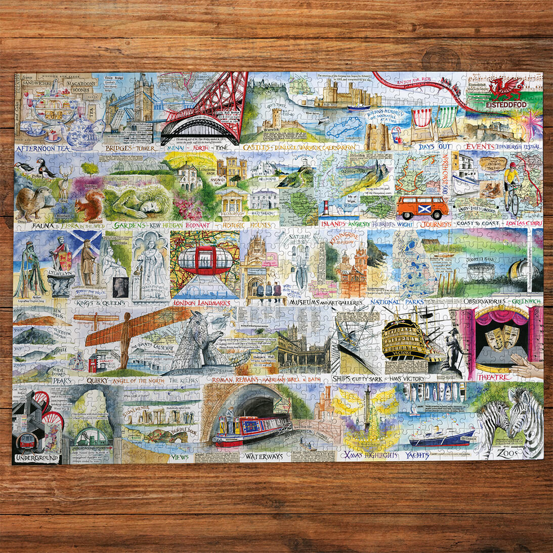Gibsons Brilliant & British 1000 piece jigsaw puzzle for adults made up on wooden table