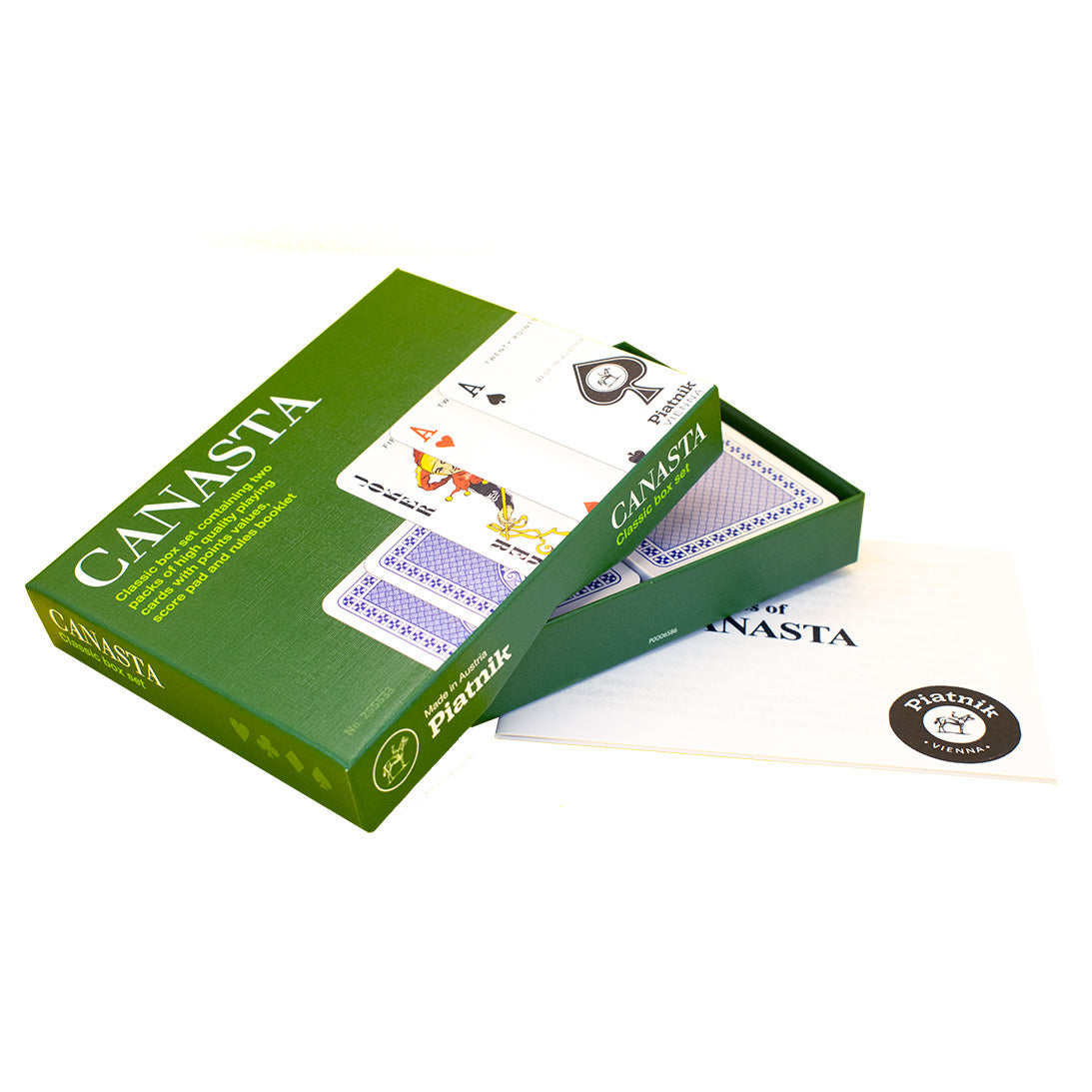Canasta card game set with green packaging on a white background
