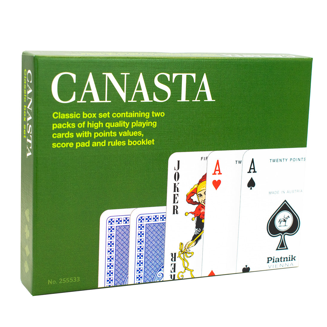 Canasta card game set packaging with green box and playing cards displayed.