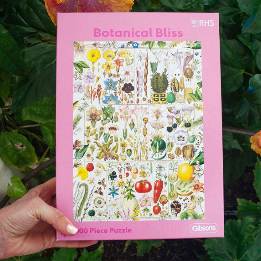 RHS Botanical Bliss 1000 Piece Jigsaw Puzzle by Gibsons holding box in hand
