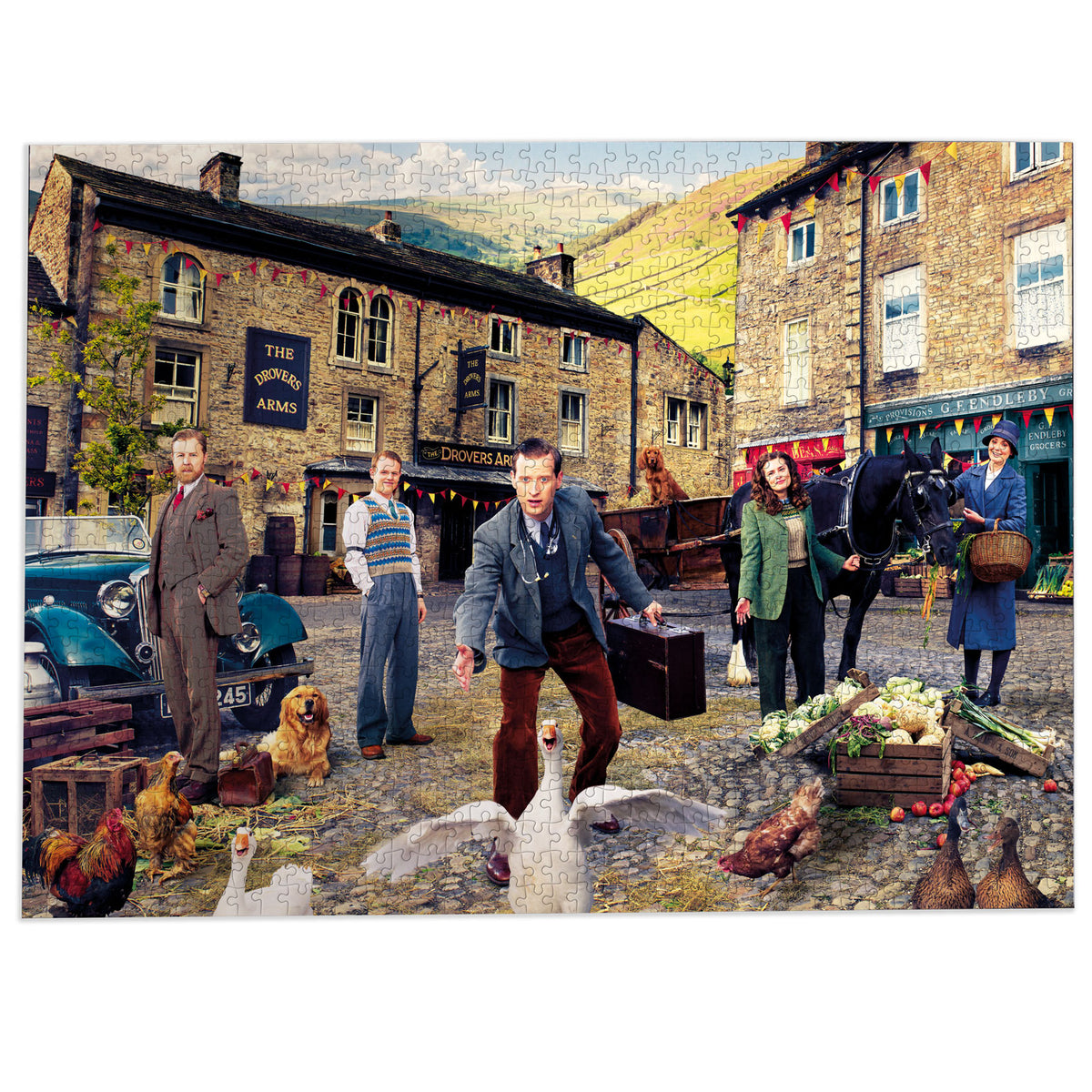 Jigsaw puzzle with a vintage scene of people and animals in a town square.
