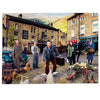 Jigsaw puzzle with a vintage scene of people and animals in a town square.