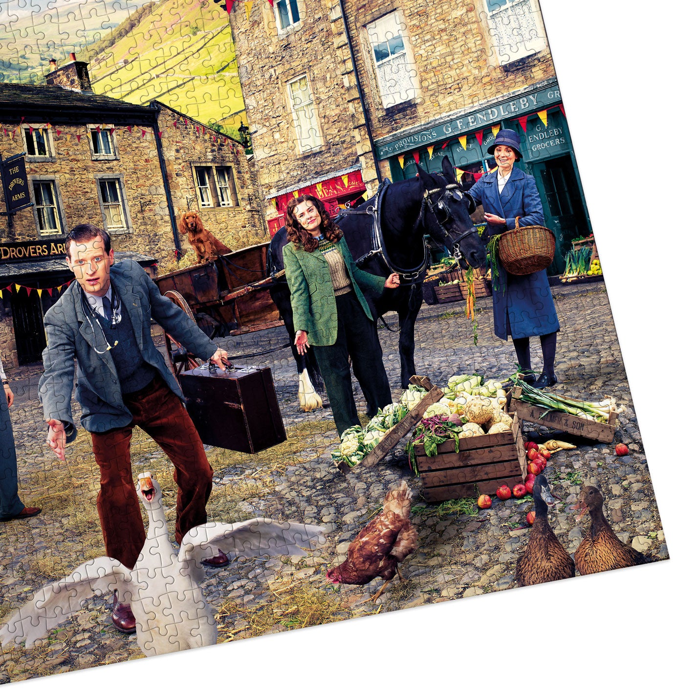 Jigsaw puzzle with a scene of people and animals in a market setting.
