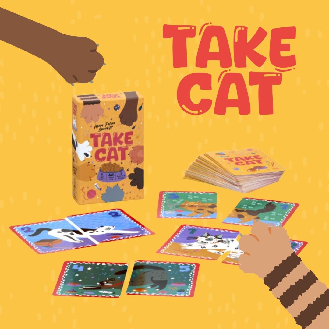Card game 'Take Cat' with cards and packaging on a orange background