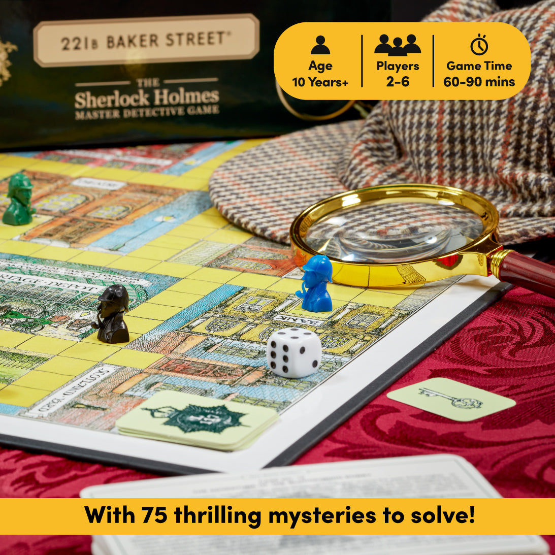 Sherlock Holmes board game with pieces and magnifying glass on a red patterned fabric.
