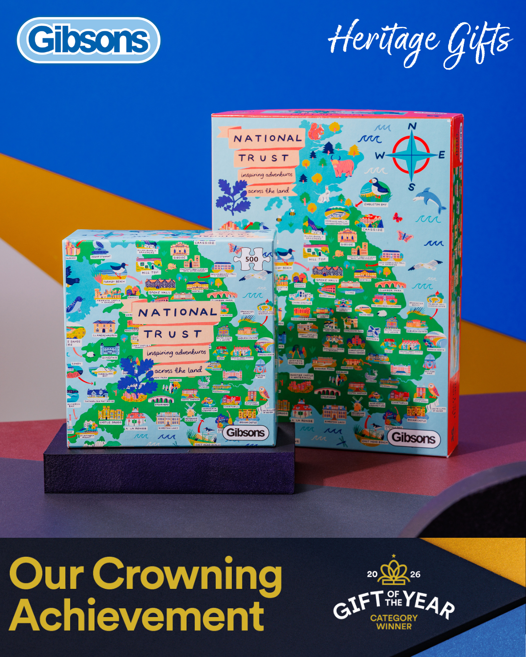 Gibsons National Trust-themed puzzle boxes on a colorful background with Gibsons branding.