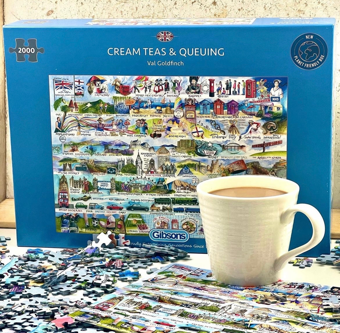 cream teas & Queueing 2000 piece val goldfinch jigsaw puzzle by gibsons games