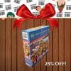 Jigsaw puzzle box with a red bow and elves on a wooden background, featuring a 25% off discount.