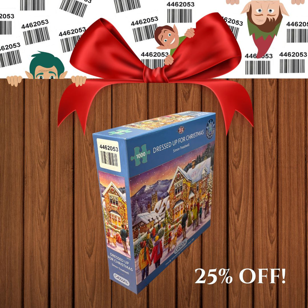 Jigsaw puzzle box with a red bow and elves on a wooden background, featuring a 25% off discount.