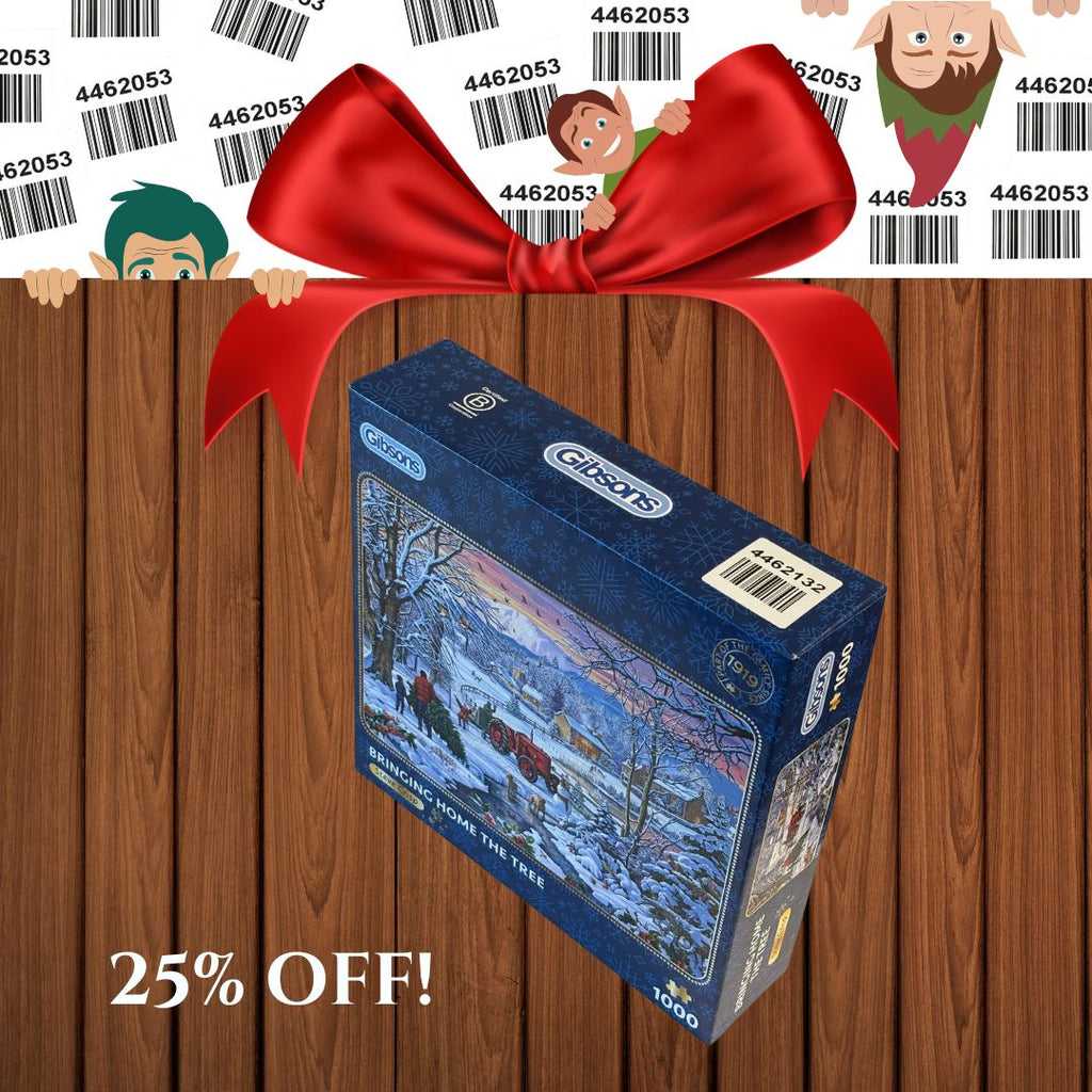 Gibsons puzzle box with a red ribbon on a wooden background, featuring a 25% off discount.