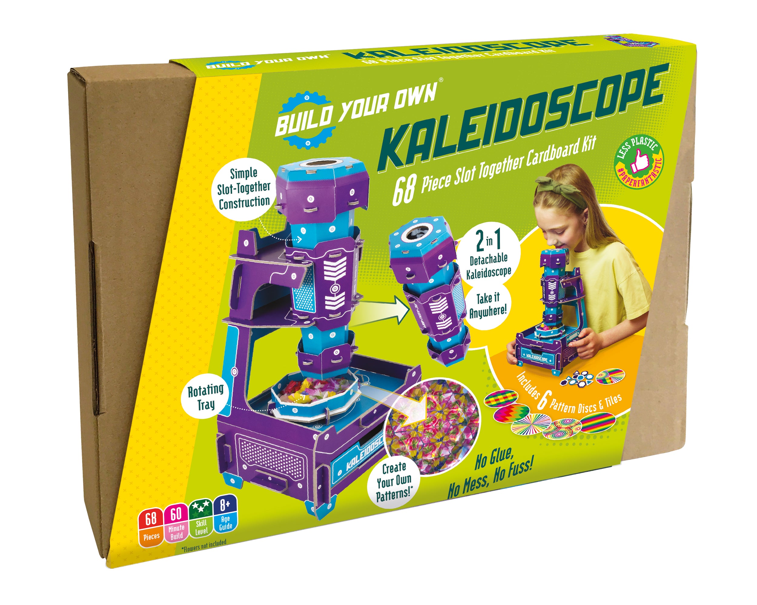 Build Your Own Kaleidoscope 68-piece cardboard kit in its original retail box, featuring a bright yellow and lime green design with product illustrations and a photo of a child using the toy.