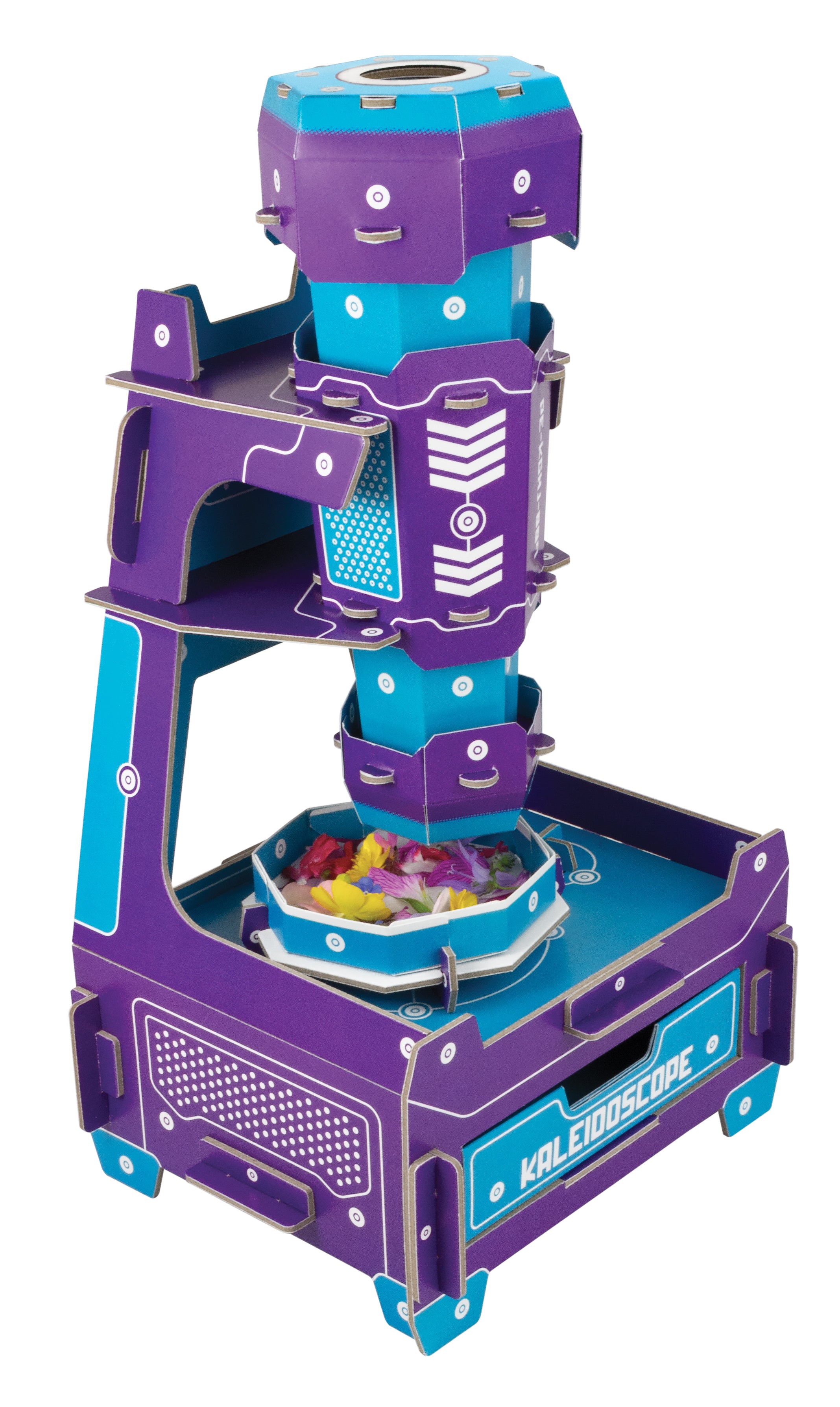 A 3D papercraft model of a kaleidoscope in purple and teal. The model is shown assembled with colourful paper pieces inside the base bowl, set against a plain white background.