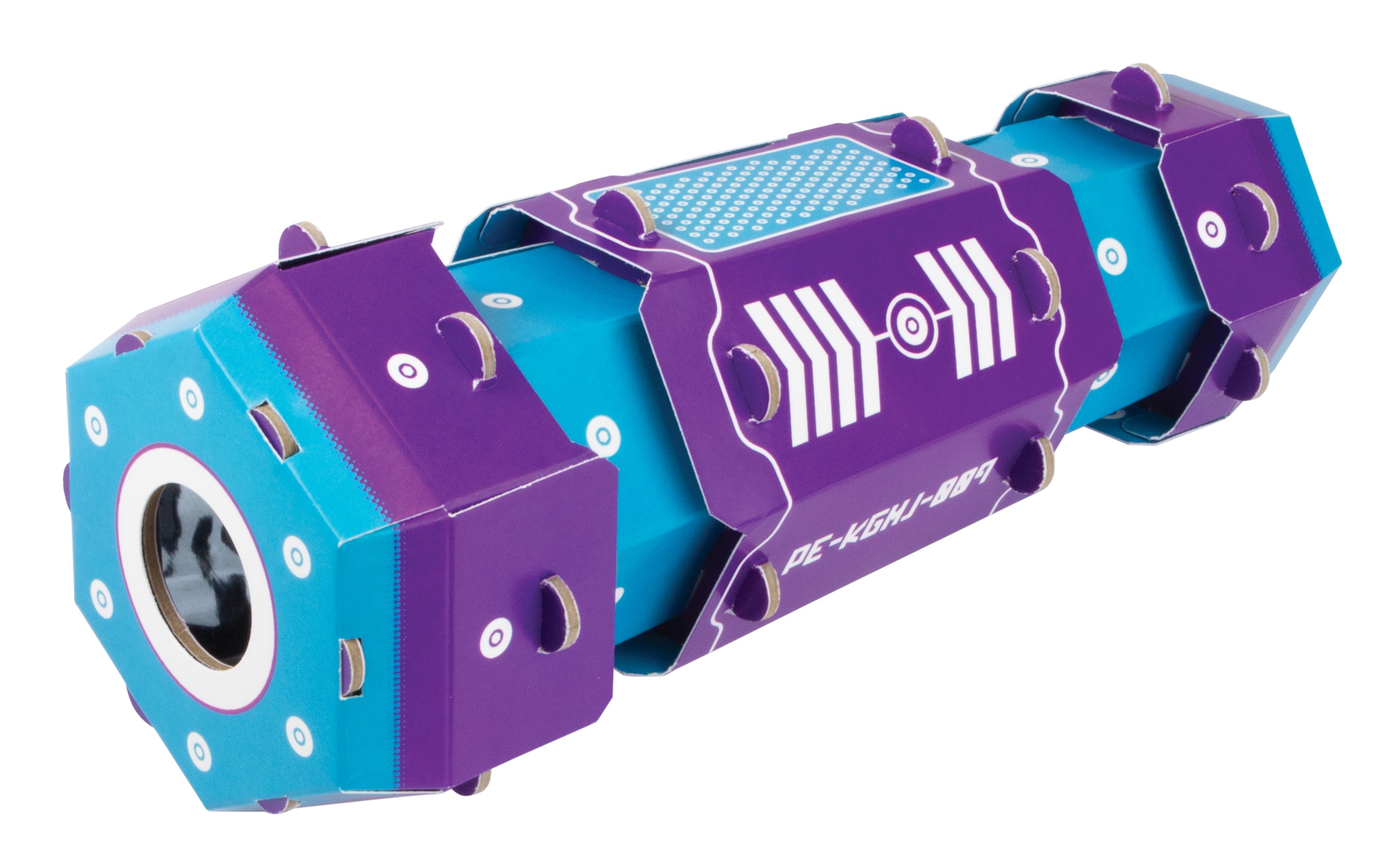A 3D cardboard model of a kaleidoscope component, featuring a purple and teal colour scheme with white printed graphics and text, shown on a solid white background.