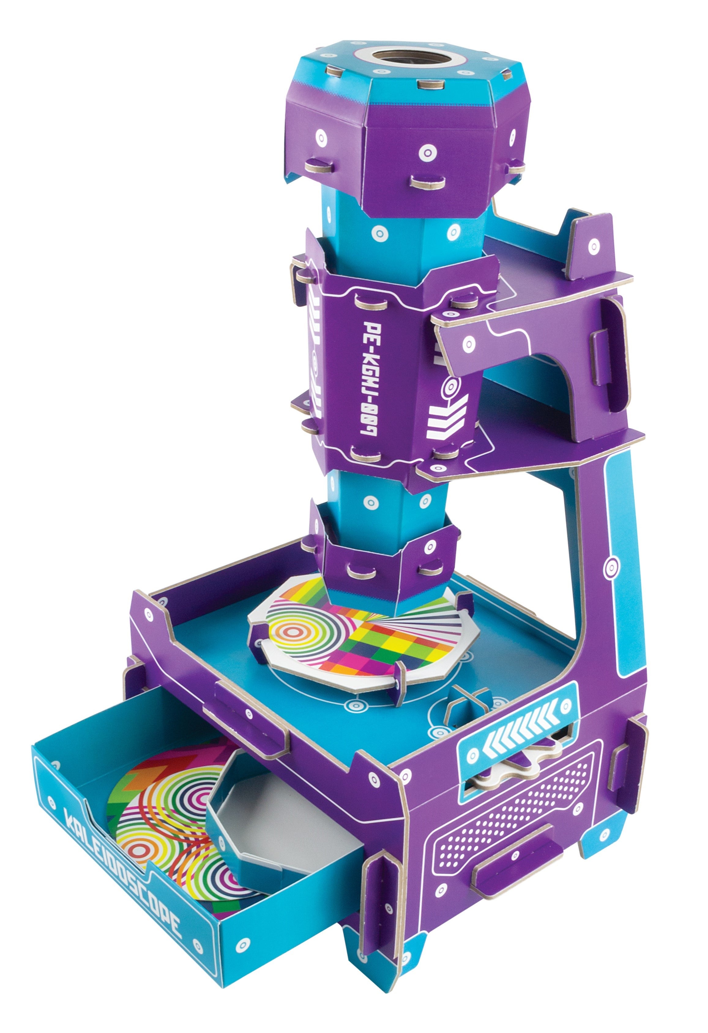 A colourful 3D cardboard model of a kaleidoscope, featuring a purple and teal tower with a circular launching platform and an open storage drawer at the bottom containing matching round cards, shown on a white background.
