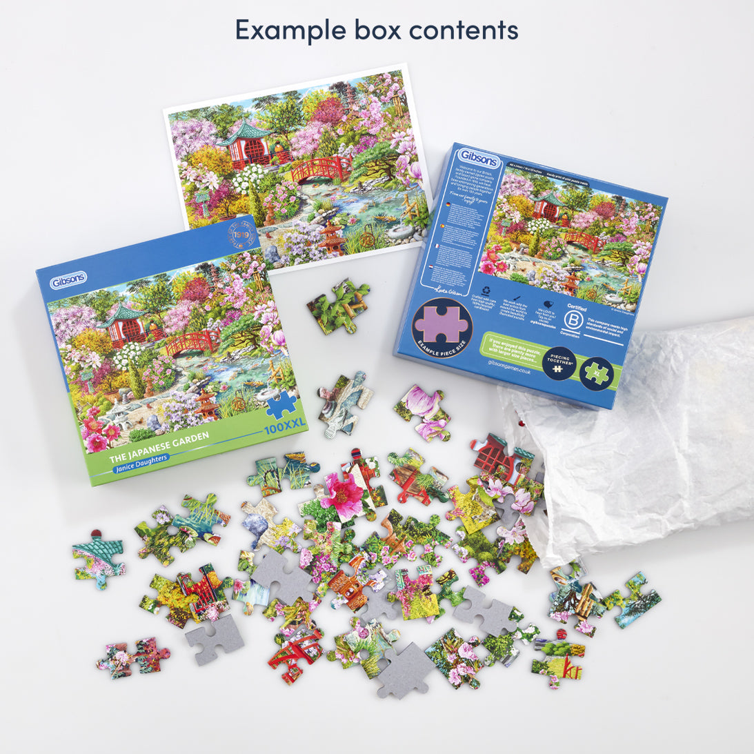 Colourful jigsaw puzzle box labelled Gibsons shown with scattered puzzle pieces and a crumpled paper bag on a white background. Example box contents text appears at the top.