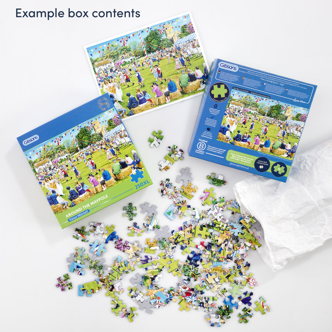 Gibsons brand jigsaw puzzle box with scattered multicoloured puzzle pieces on a white background, plus an example box contents image and a crumpled white paper.