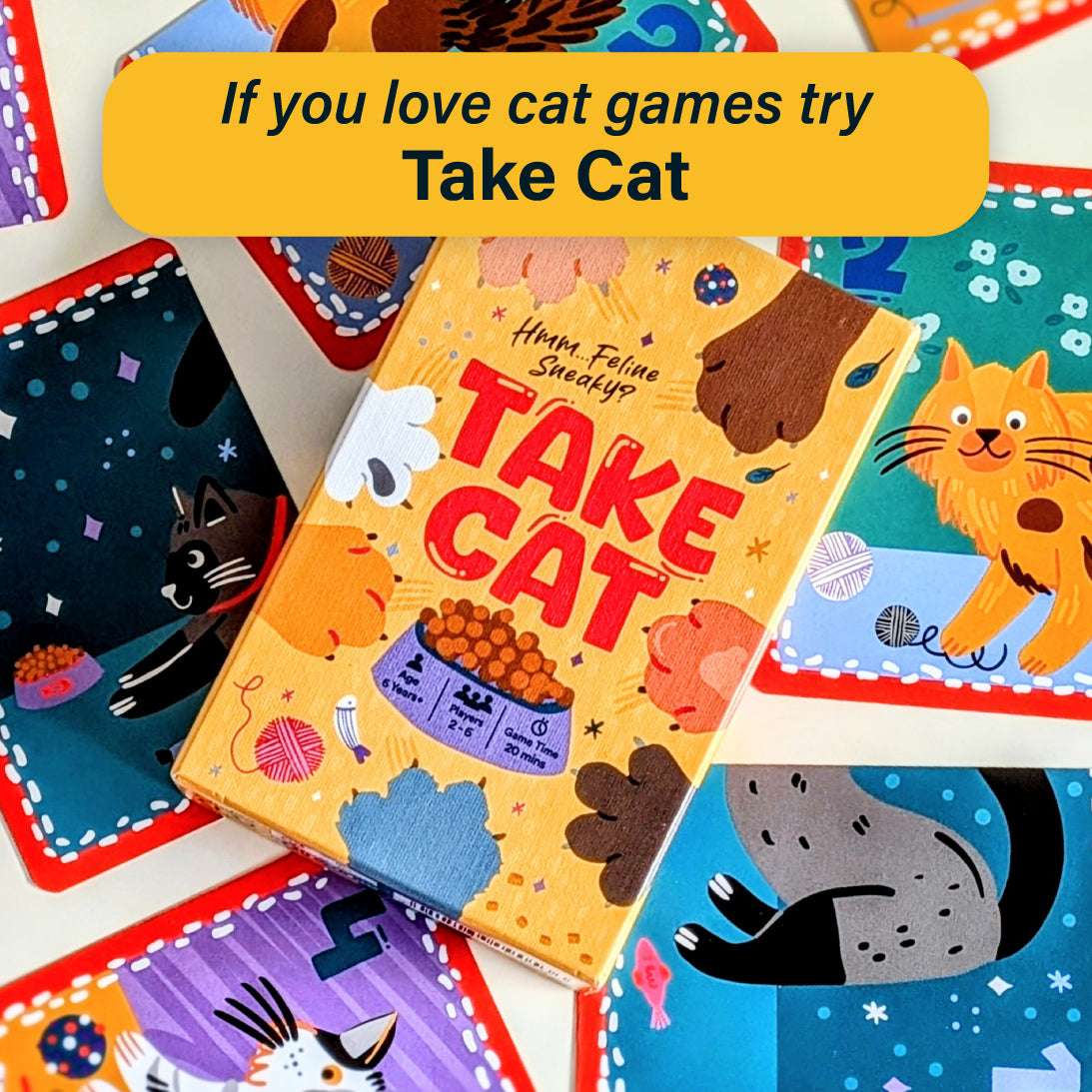 The board game box for 'Take Cat' is displayed on top of several colourful cat-themed cards. A yellow banner at the top reads 'If you love cat games try Take Cat'.