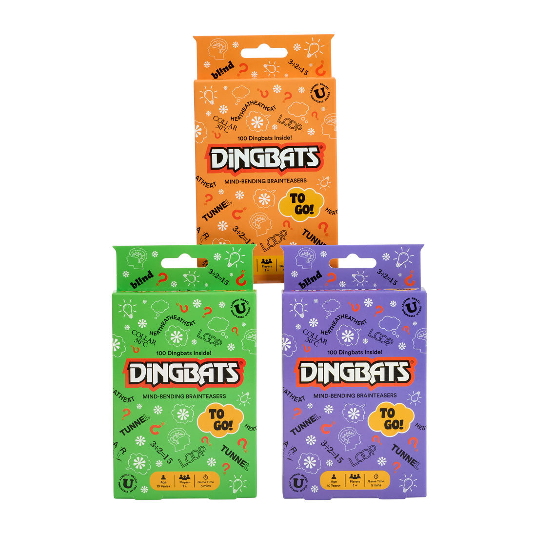 Three packages of Dingbats mini-rubbing brain teasers in orange, green, and purple on a white background.
