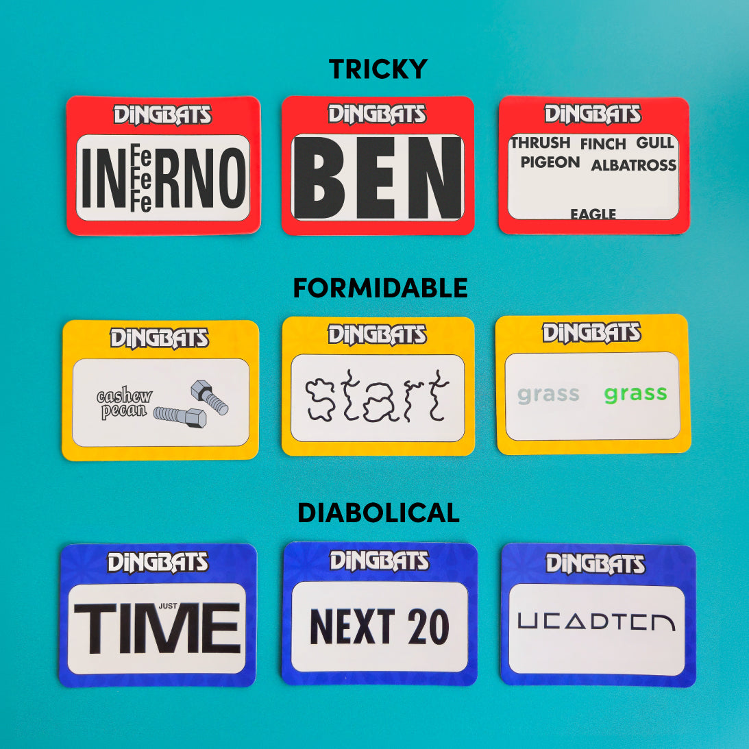 Nine rectangular cards with different phrases and words, each card featuring the brand name 'DINGBATS' at the top, arranged in three rows of three on a bright teal background. The cards have red, yellow, and blue borders, and the text on the cards is black with some white and green accents.