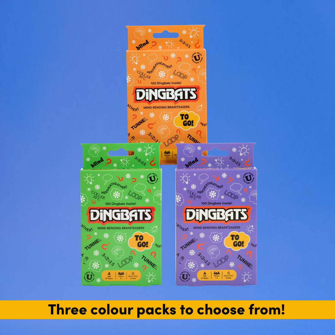 Three boxed packs of DINGBATS word games in orange, green, and purple, arranged on a blue gradient background with an orange banner at the bottom reading 'Three colour packs to choose from!'.