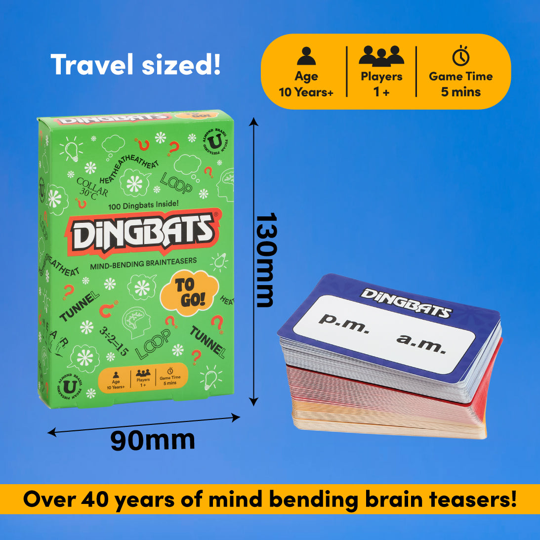 Dingbats travel-sized game box shown on a blue background with an orange age/players/game-time badge and a stack of cards. The box is green with multicoloured illustrations and the word DINGBATS