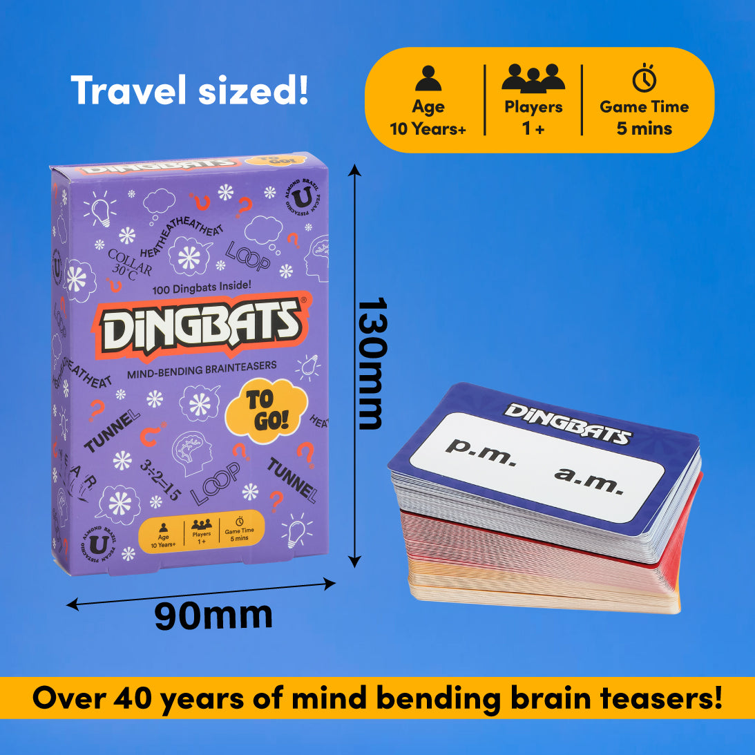Dingbats travel-sized card game box shown on a bright blue background, with a stack of cards beside it. The box is purple with white graphics and the brand name Dingbats in orange.