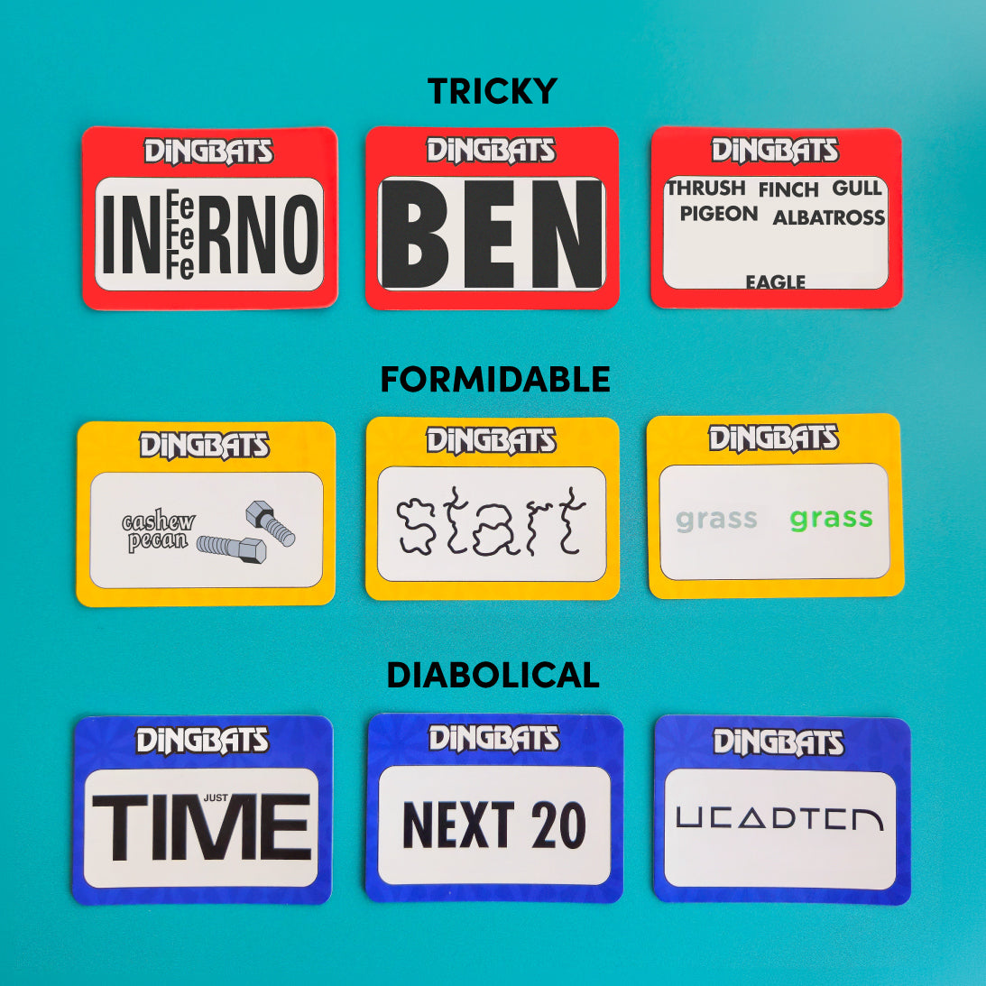Examples of  'Dingbats' several colourful game cards with different levels