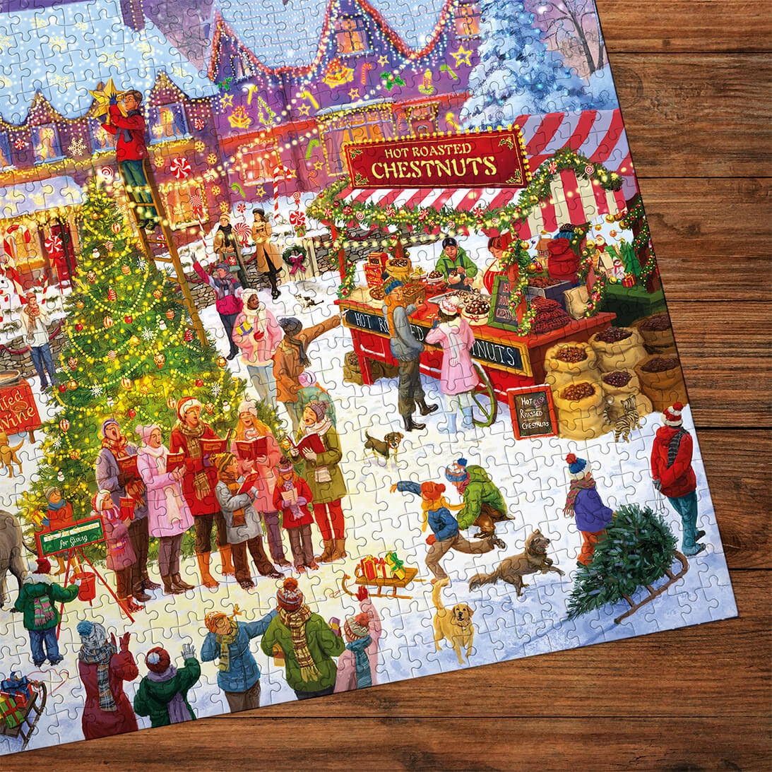 Gibsons The Season for Giving 1000 piece jigsaw puzzle for adults made up detail on wooden table