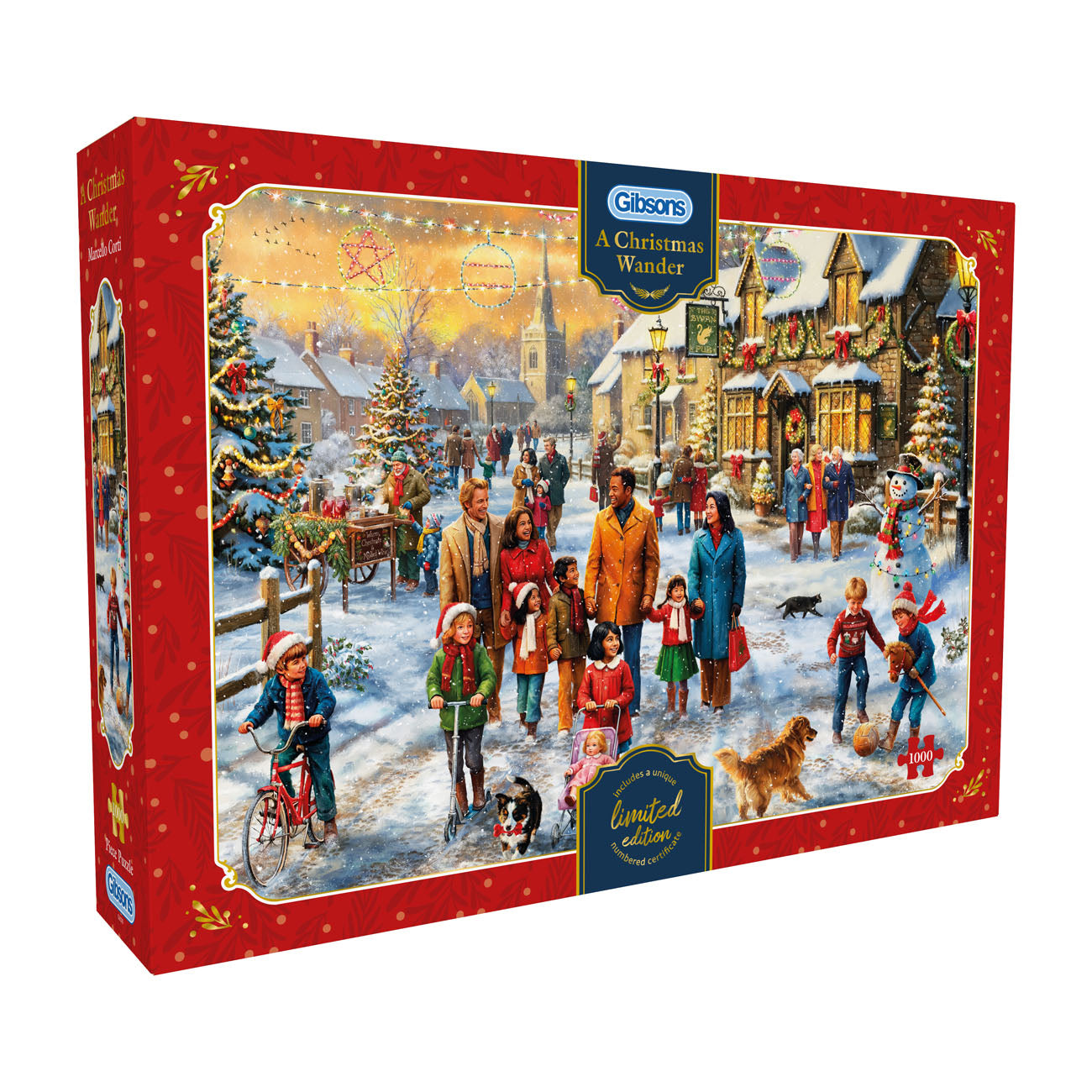 Gibsons 'A Christmas Wonder' puzzle box with a snowy village scene on the cover.