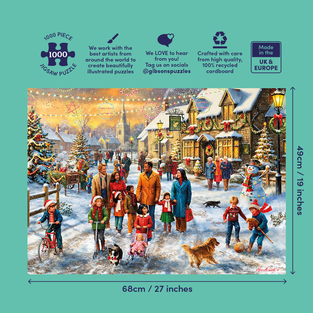 Christmas-themed puzzle with people and dogs on a snowy street.  The puzzle size measurements.