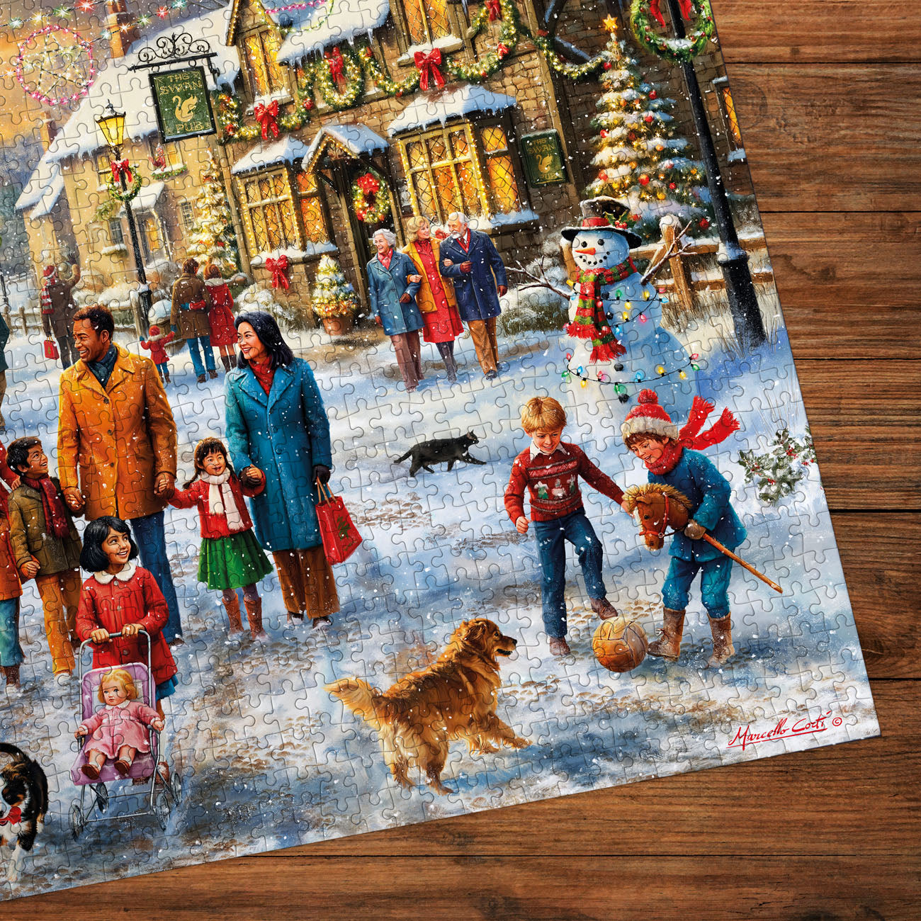 Christmas-themed puzzle with people and dogs on a snowy street