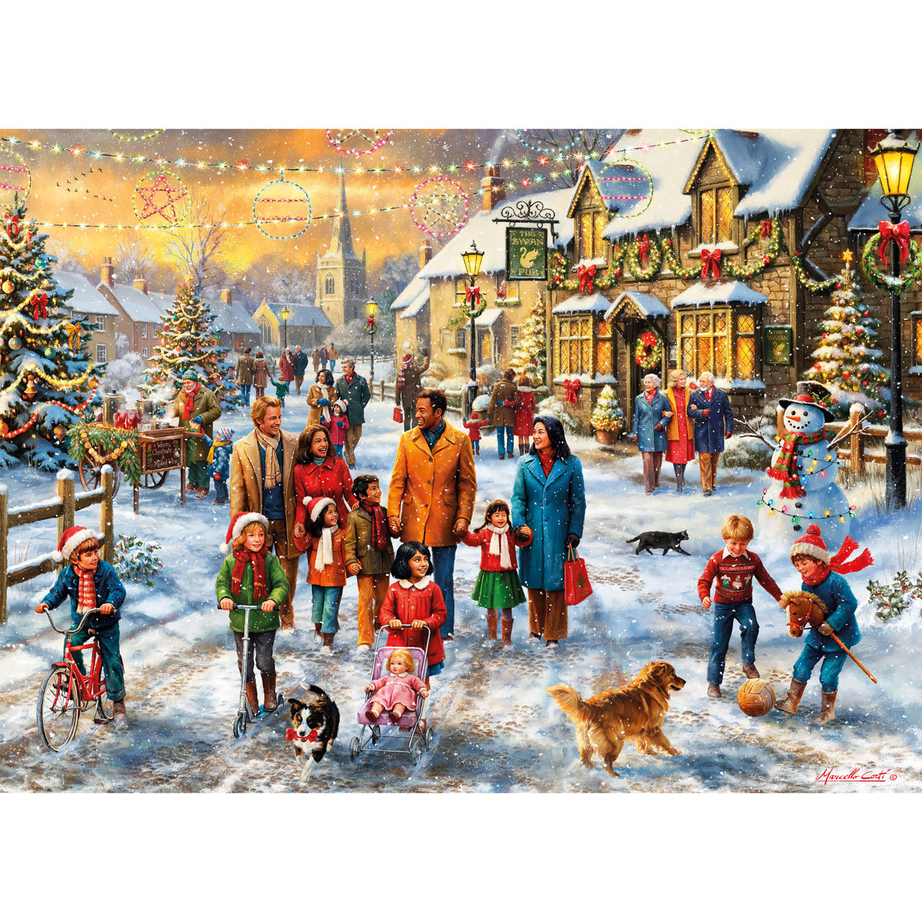 Winter village scene with people and children in a snowy town square.