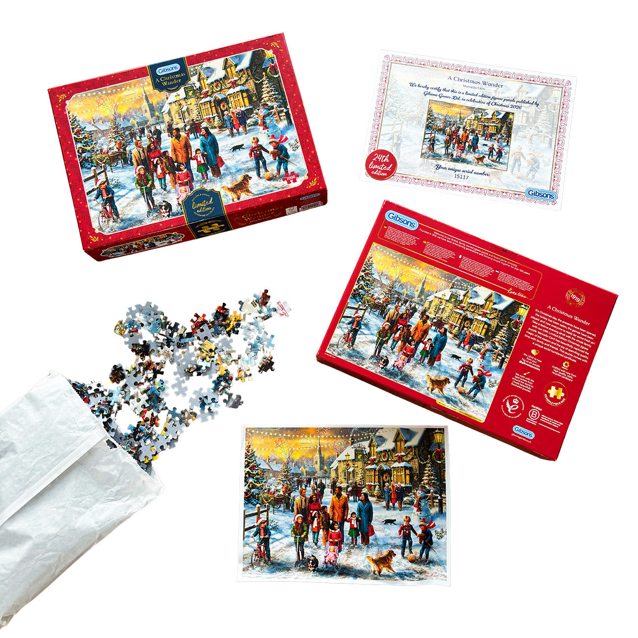 A jigsaw puzzle set shown on a white background, including two red puzzle boxes with a winter village scene, a partially assembled puzzle, a printed puzzle clue card, and a white paper bag with loose puzzle pieces.