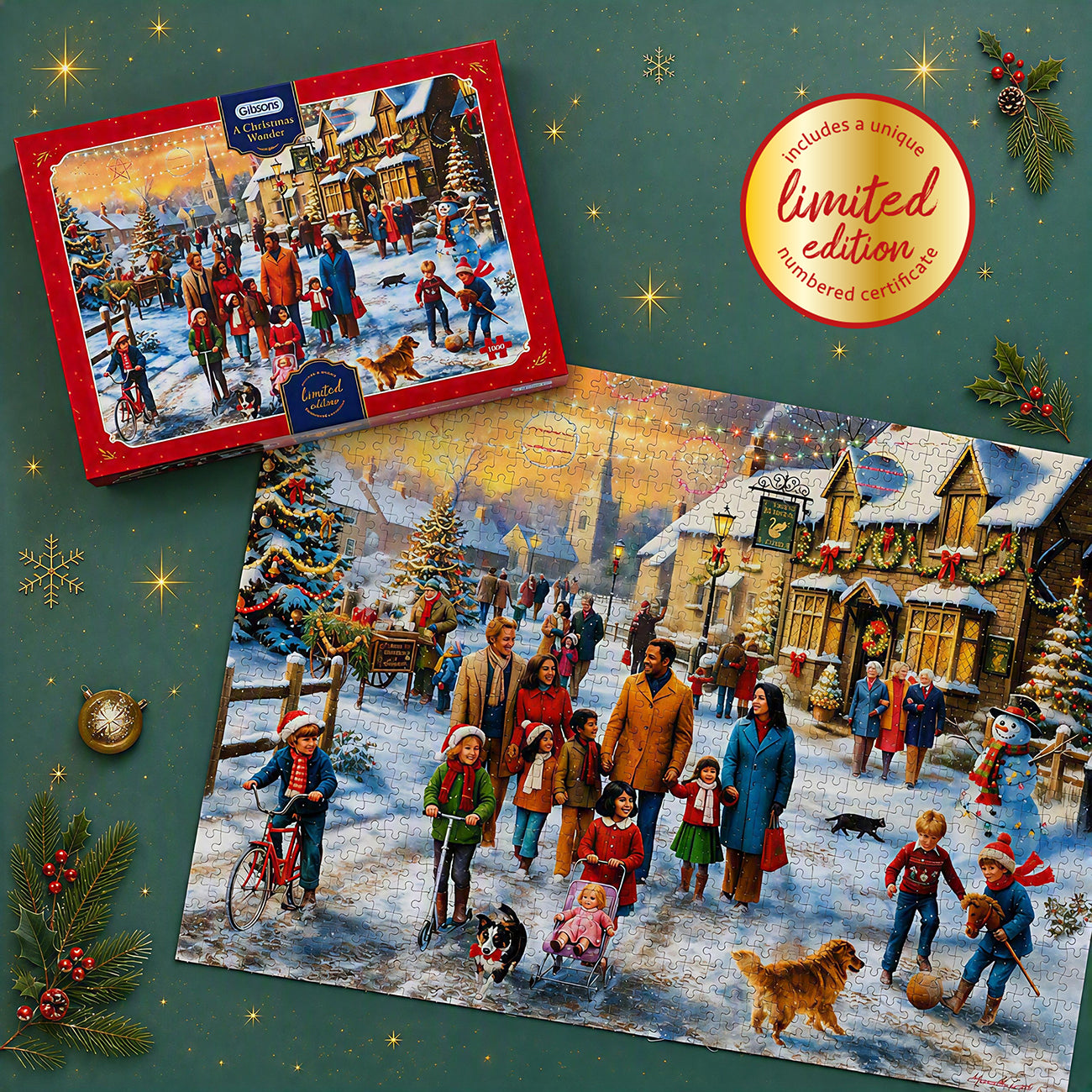 Gibsons 'A Christmas Wonder' puzzle box with a snowy village scene on the cover with Christmas decoration background.