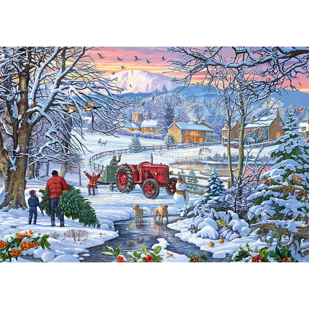 A extra-large 100 XXL piece jigsaw puzzle poster featuring a festive winter scene with a red tractor and a family carrying a Christmas tree.