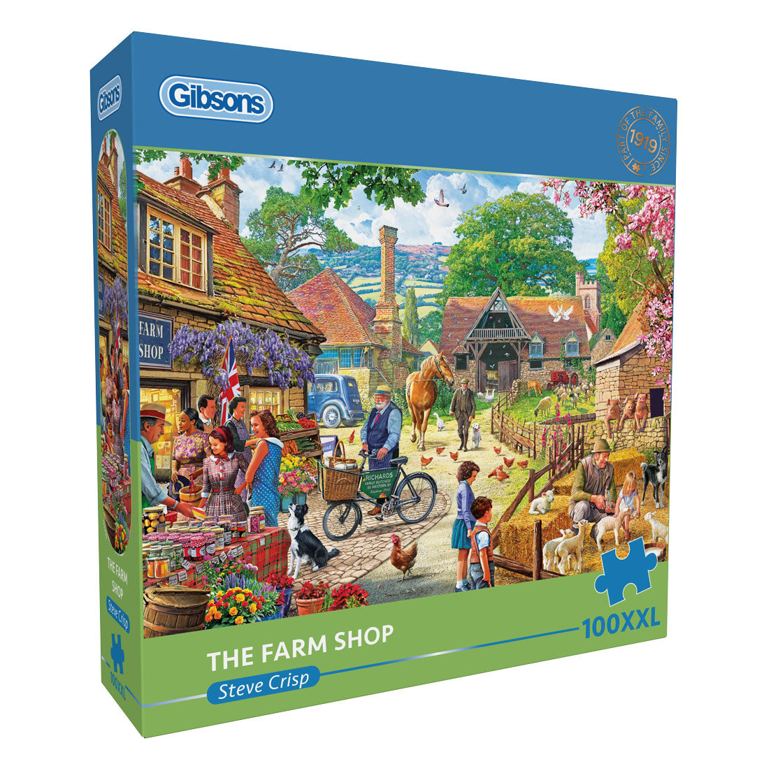 Gibsons puzzle box titled 'The Farm Shop' by Steve Crisp on a white background
