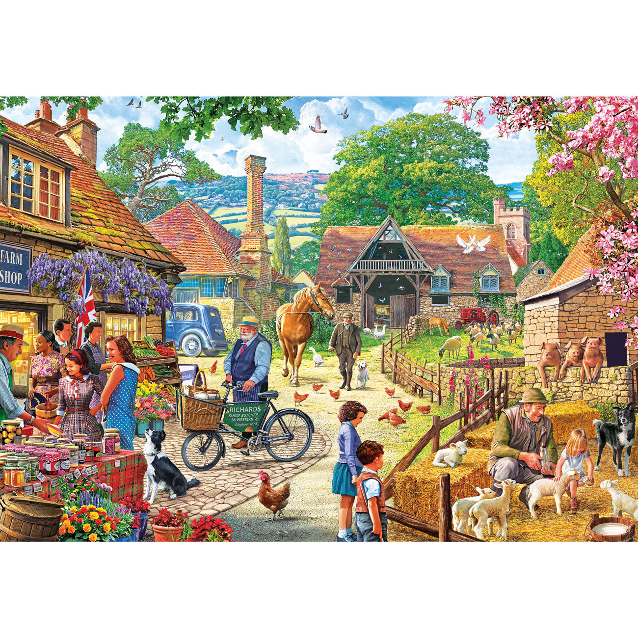 Village scene with people, animals, and buildings in a colorful setting