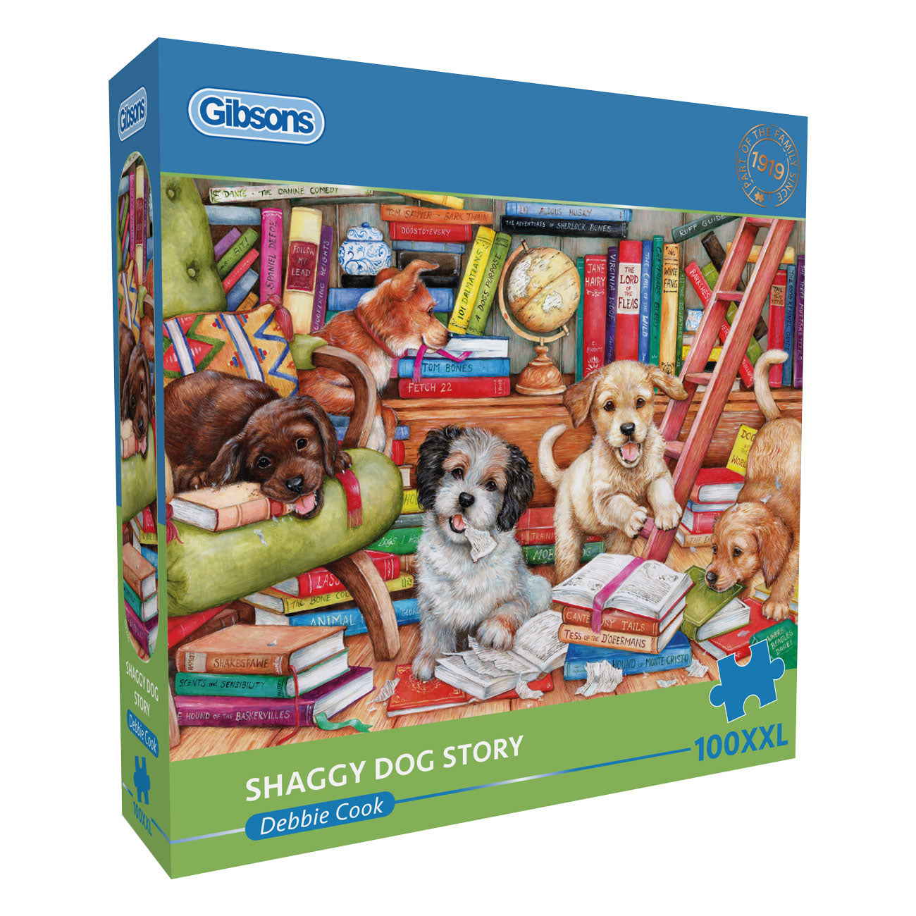 Gibsons puzzle box titled 'Shaggy Dog Story' with illustrations of dogs in a book-filled room.
