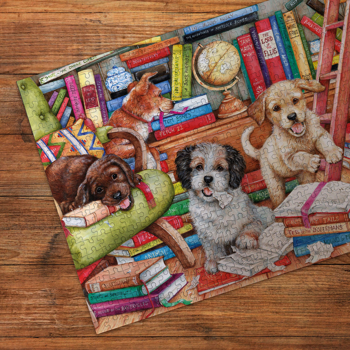 Jigsaw puzzle with dogs and books on a wooden surface