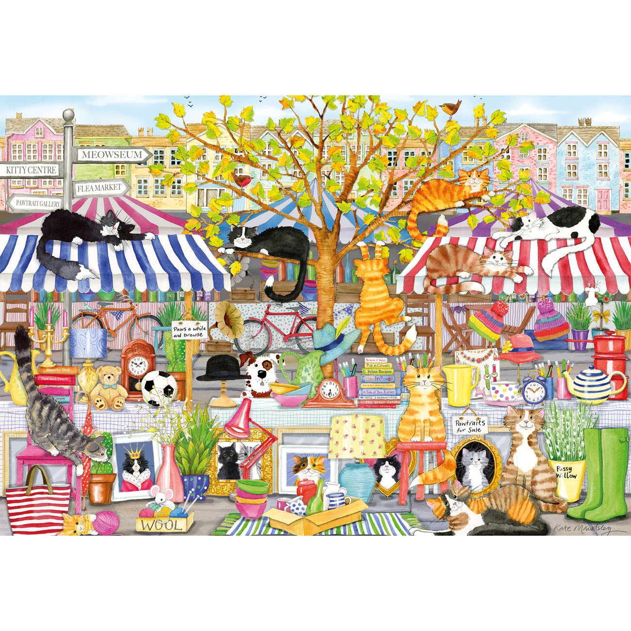 Colorful illustration of a street scene with cats and various objects.