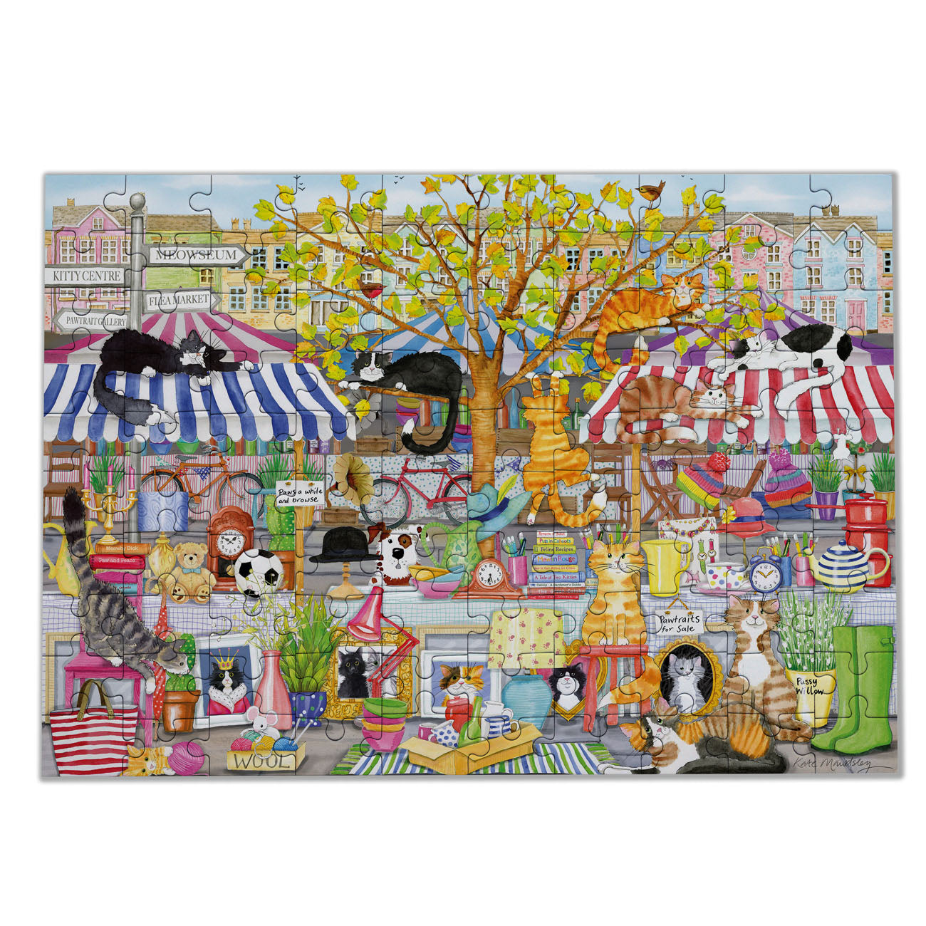 Colorful puzzle with a cat-themed scene on a white background