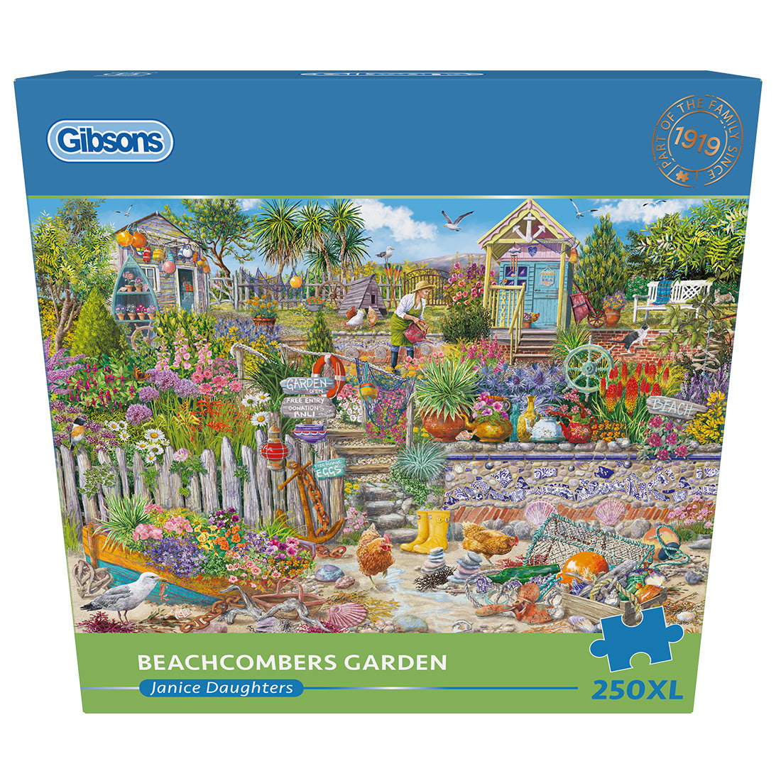 Beachcomber's Garden Extra Large 250XL Piece Jigsaw Puzzle in blue retail box by Gibsons front view